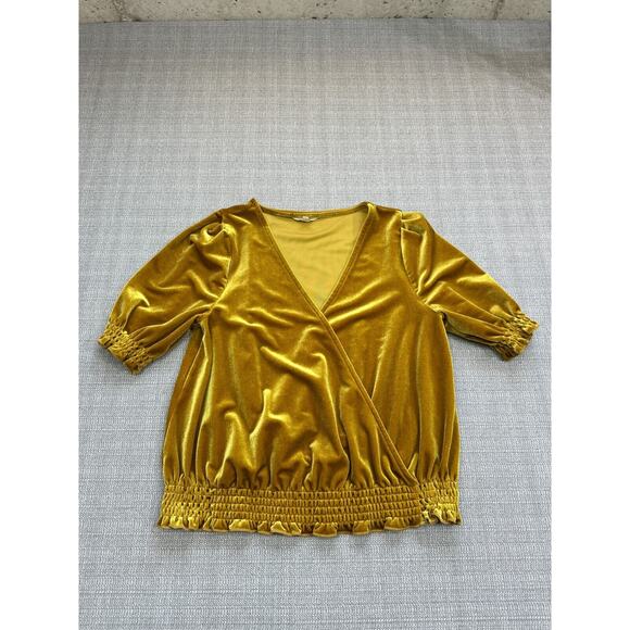 Madewell Shirt Womens Small Gold Velvet Smocked‎ Crossover Top Boho Regency - Picture 1 of 9